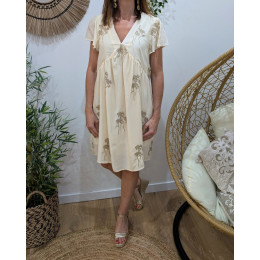 Robe courte femme beige palmiers brodés dorés