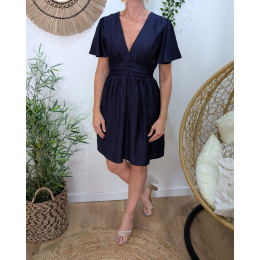 Robe femme bleu marine unie manches volantes Janelle