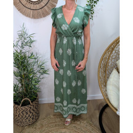 Robe longue femme verte motifs blancs Ysalis