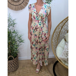 Robe longue femme écrue feuillages mauves et verts dorures