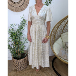 Robe longue femme écrue feuillages dorés