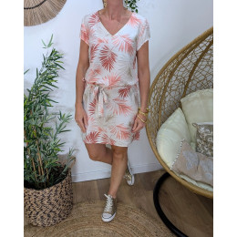 Robe femme droite écrue feuillages roses et taupes Ombelline