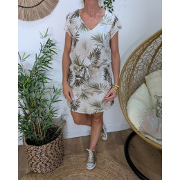 Robe femme droite écrue feuillages kaki et taupes Ombelline