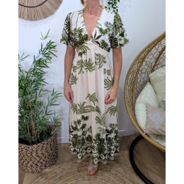 Robe longue femme beige motifs tropicaux kaki
