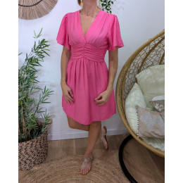 Robe femme rose fuchsia unie manches volantes Janelle