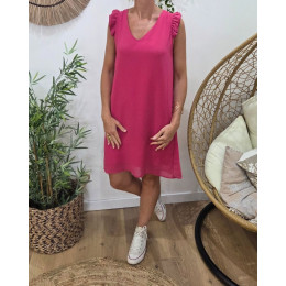Robe femme droite rose fuchsia manches à volants Isandra