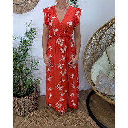 Robe longue femme rouge broderies fleuries beiges