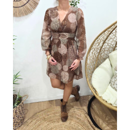 Robe femme marron fleurs kaki et taupes Lounaé