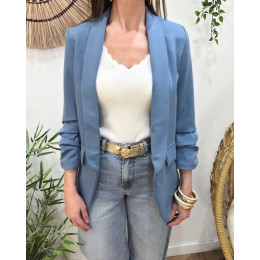 Blazer femme manches plissées bleu jean