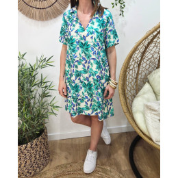  Robe femme droite écru fleurs bleus et vertes manches brodées Amédéa
