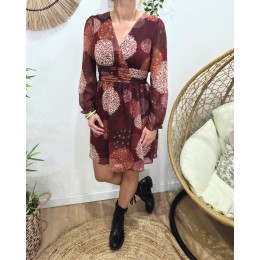 Robe femme bordeaux fleurs terracotta beiges et dorures Lounaé