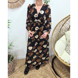 Robe longue femme noire fleurs camels et beiges Valéria