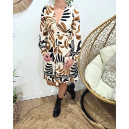 Robe femme fluide beige motifs camels et noirs Josephina