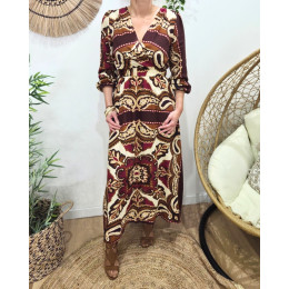 Robe longue femme bordeaux motifs prunes camels et beiges Malia