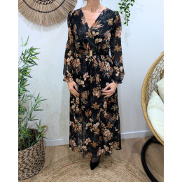 Robe longue femme noire fleurs terracotta et dorures Clara