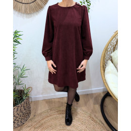Robe femme rouge bordeaux velours côtelé boutons dorés épaule