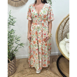 Robe longue femme écrue fleurs oranges et vertes Cassiopea