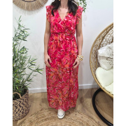 Robe longue femme fuchsia orange kaki manches à volants Zéphina