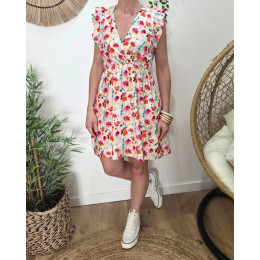 Robe femme écrue imprimés fleuris oranges fuchsia multicolores