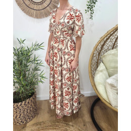 Robe longue femme écru motifs terracotta Violante