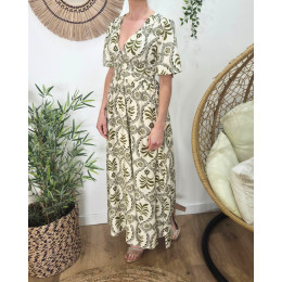 Robe longue femme écru motifs Kaki Violante