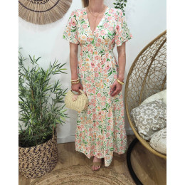  Robe longue femme écru motifs fleuris verts roses corail