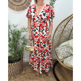  Robe longue femme écrue fleurs roses rouges et vertes Edoarda