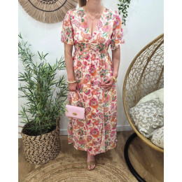  Robe longue femme écrue fleurs roses orangées et vertes Gisella