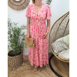  Robe longue femme écrue motifs fuchsia Gemma