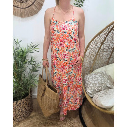  Robe longue femme fluide à bretelles fleurs orangées Lucrezia
