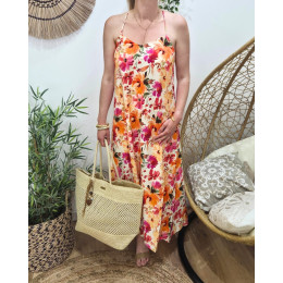  Robe longue femme fluide à bretelles fleurs oranges fuchsia et jaunes Rachele