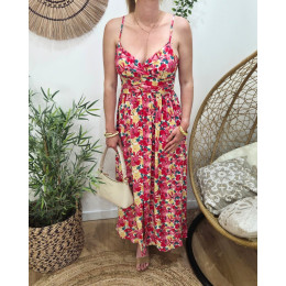  Robe longue femme à bretelles fleurs roses et jaunes Ambra