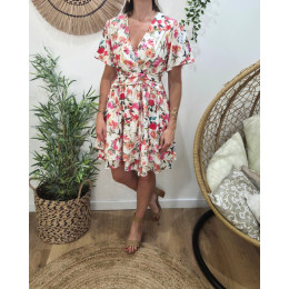  Robe courte femme écrue fleurs roses orangées Aurelia