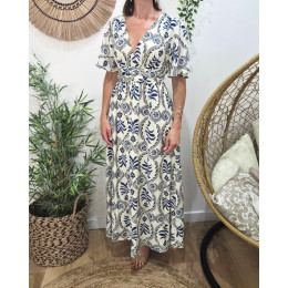Robe longue femme écrue motifs bleus Violante