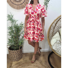  Robe courte femme beige fleurs fuchsias orangées Belina