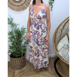  Robe longue femme à bretelles écrue fleurs roses et bleues Sigrid