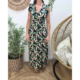  Robe longue femme marine feuilles vertes et beiges