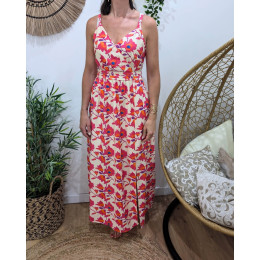  Robe longue femme à bretelles dos noué beige fleurs fuchsias orangées Belina 