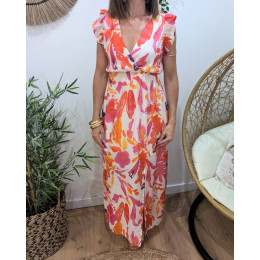 Robe longue femme à motifs fleuris rose et orange Camélia