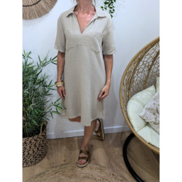 Robe femme col chemise en gaze de coton-Beige