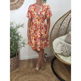  Robe courte femme beige fleurs fuchsia oranges multicolores Seraphine
