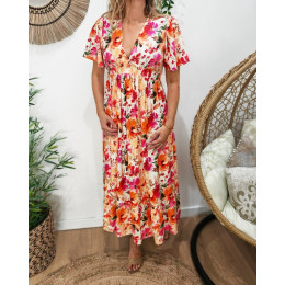  Robe longue femme manches courtes fleurs oranges fuchsia et jaunes Rachele