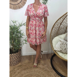  Robe courte femme écrue fleurs roses rouges Noémie