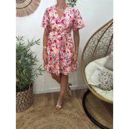  Robe courte femme beige fleurs fuchsias multicolores Zélia