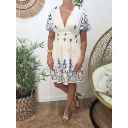  Robe courte femme écrue broderies beiges et bleues Prunelle