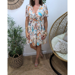  Robe courte femme beige fleurs orangées turquoises Zoa