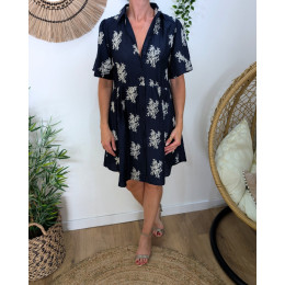  Robe chemise femme marine broderies fleuries écrues