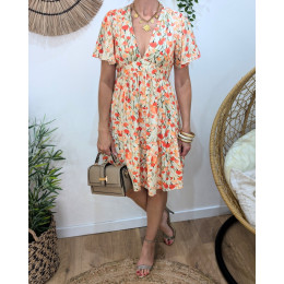 Robe courte femme beige fleurs orangées liserés dorés