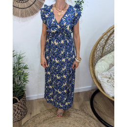  Robe longue femme beige fleurs bleues Solstice