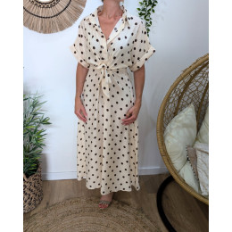  Robe longue femme chemise nouée à pois beige et marron